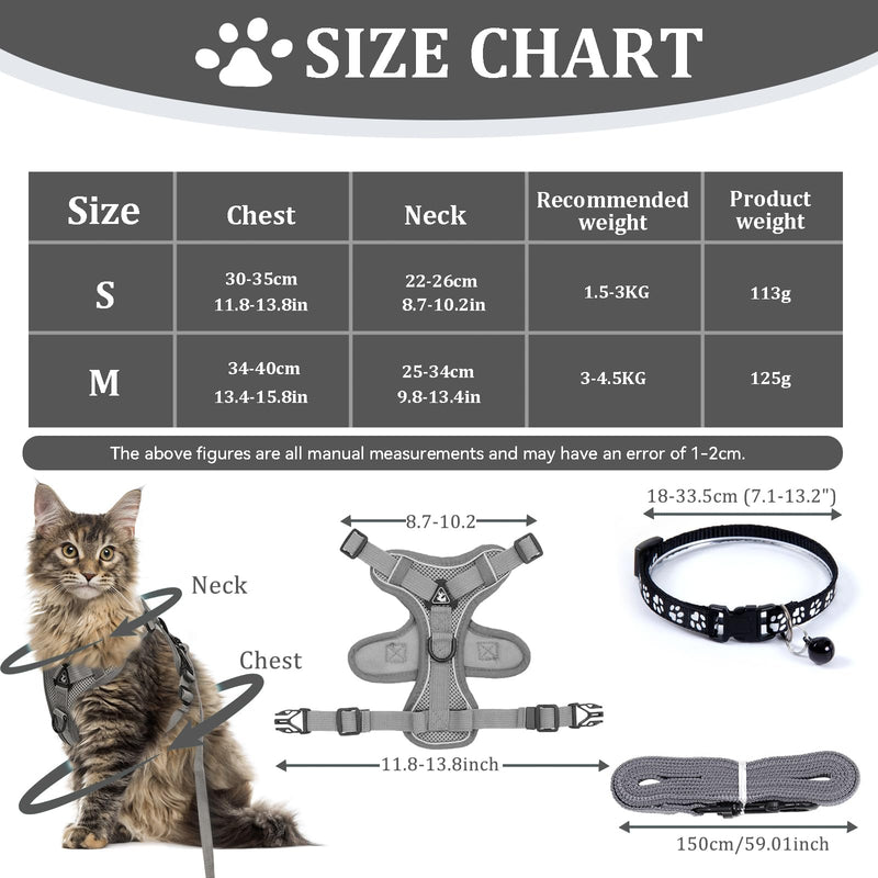 FINEASY Cat Harness with Leash, Escape-Proof and Cat Collar, Adjustable Cat Leash with Harness, Harness Set, Cat Harness, Soft Harness for Cats, Kittens, Dogs, Chest Harness (Grey, S) Grey - PawsPlanet Australia