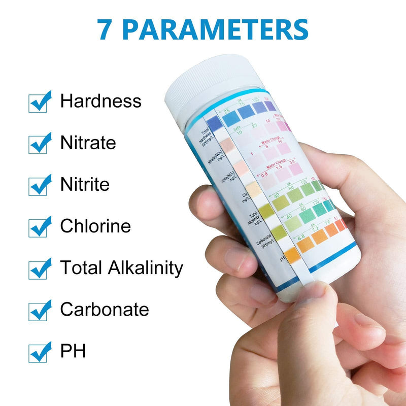 FUNSW 7 in 1 Aquarium Test Strips, Fish Tank Test Kit,Freshwater Saltwater Aquarium Water Test Kit to Detect pH Nitrite Nitrate Chlorine Carbonate Hardness (GH & KH) 7 in1-100Pcs - PawsPlanet Australia