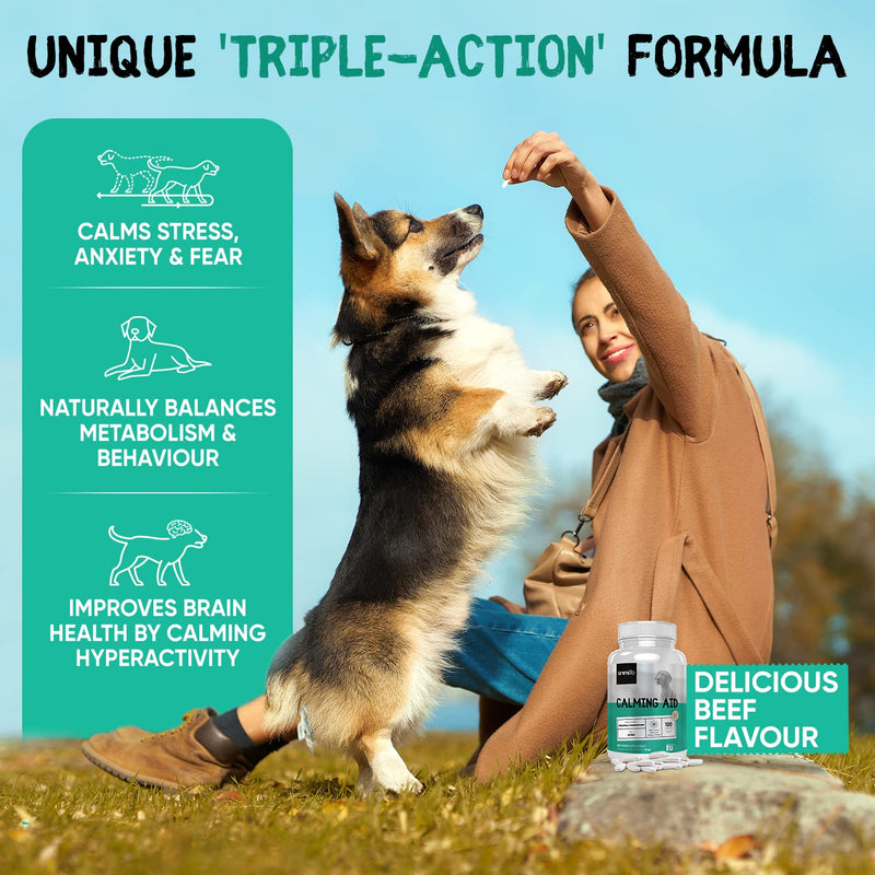 Natural, Non-addictive Dog Calming Tablets With Vit B1 - 120 - Beef Flavour - Ashwagandha & Passion Flower - Effective, Calming Dog Tablets For Separation, Loud Noise, Travel, Grooming & Nervous Dog - PawsPlanet Australia