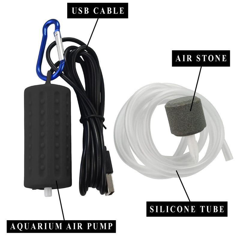 Quietest Aquarium Air Pump - Air Stone and Hose Included - Low Power Usage - USB Air Pump Black - PawsPlanet Australia