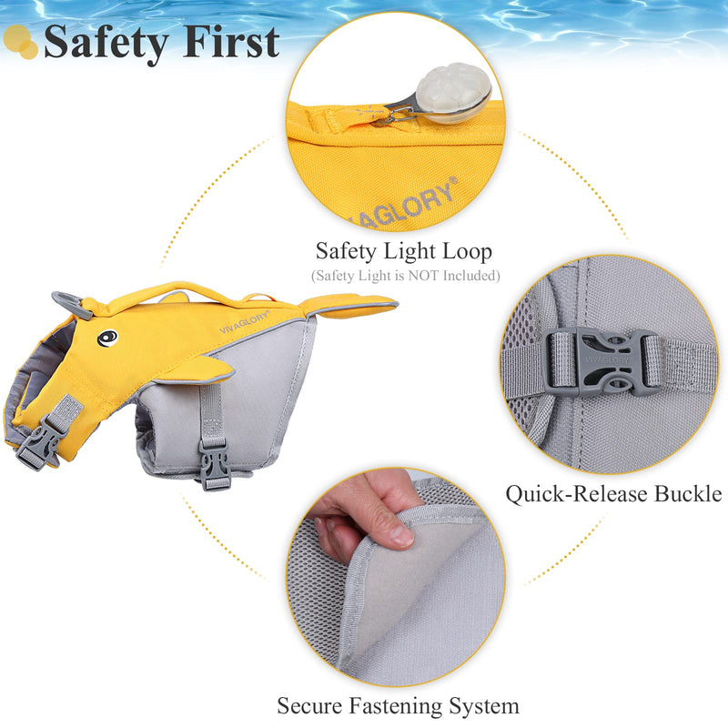 VIVAGLORY Whale-shape Sports Style Dog Life Jacket, Ripstop Dog Safety Vest Adjustable Preserver with High Buoyancy and Durable Rescue Handle for Small Dogs, Yellow XS XS: 43-51 cm (Ribcage Girth) - PawsPlanet Australia