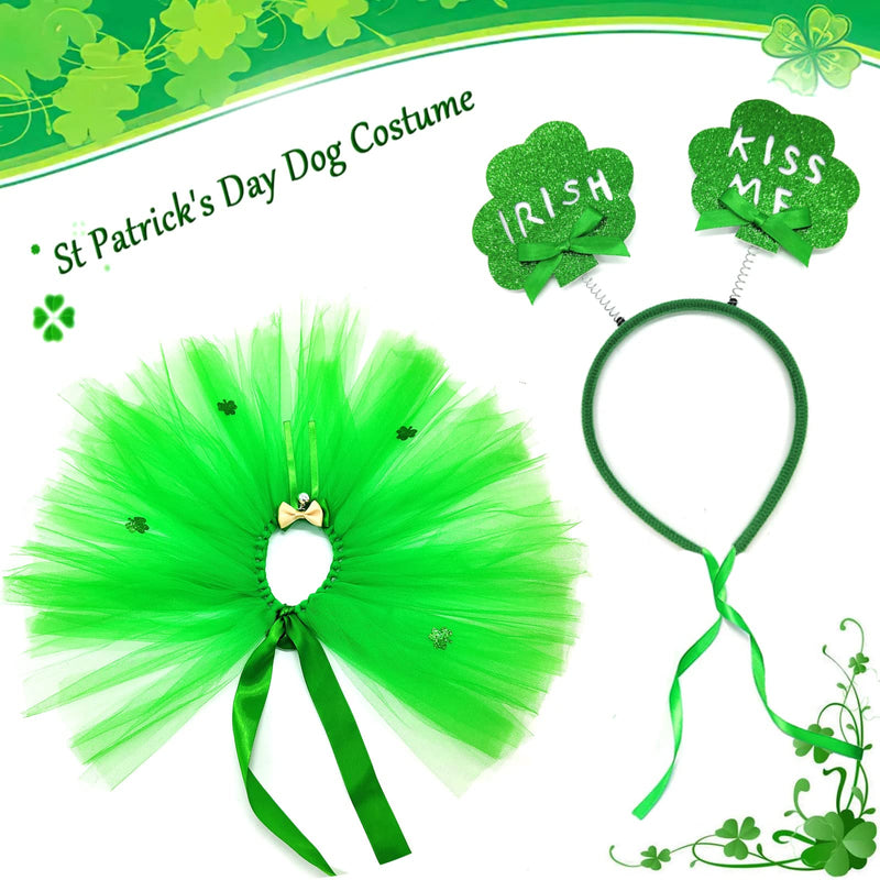 St Patrick's Day Costume 2 Pieces Dog Tulle Tutu Skirt Bowknot Hair Hoop with Shiny Shamrock, Green Irish Lace Dress Cute Headband Holiday Clothes for Medium Large Girl Dogs Cat Parties Decoration Bowtie - PawsPlanet Australia