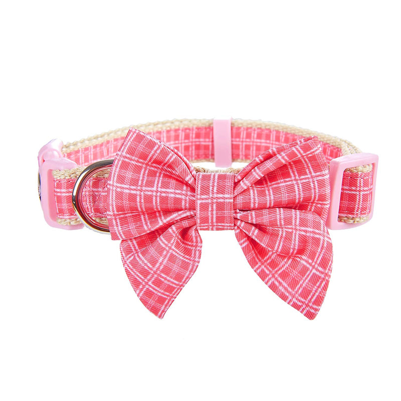 YUDOTE Natural Cotton Dog Collar Soft Lightweight with Plaid Ribbon and Removeable Bow-tie for Small Dogs Neck 25-38cm,Rose Pink S: for 25-38cm Neck, 1.5cm Width Rose Pink - PawsPlanet Australia