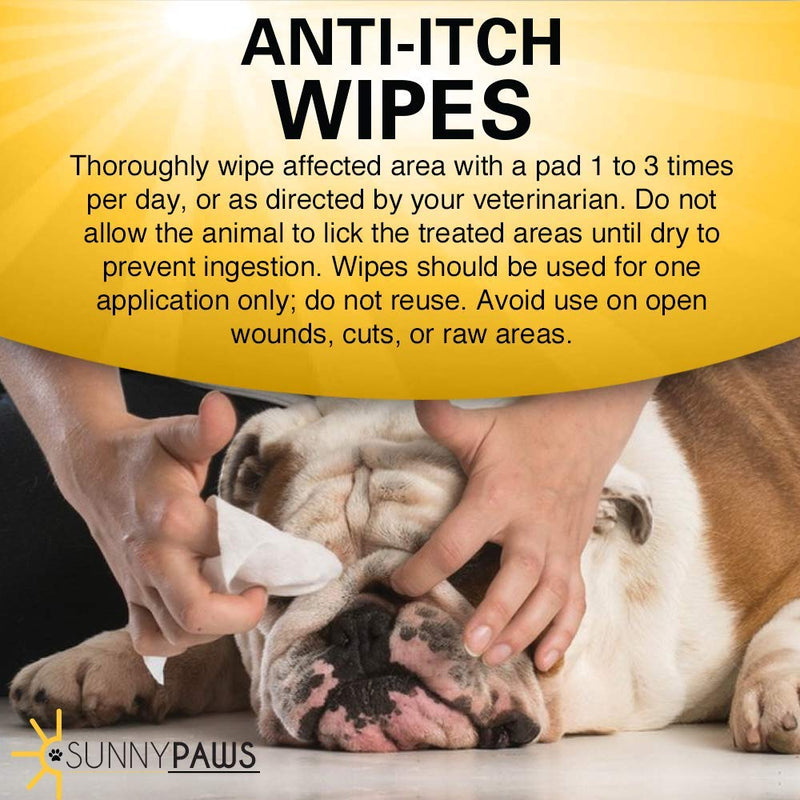 Sunny Paws Anti-Itch Wipes for Dogs Cats and Horses - Medicated Ketoconazole & Chlorhexidine (Antibacterial, Anti Fungal, Antimicrobial) - Cucumber Melon Scent 50 ct. - PawsPlanet Australia