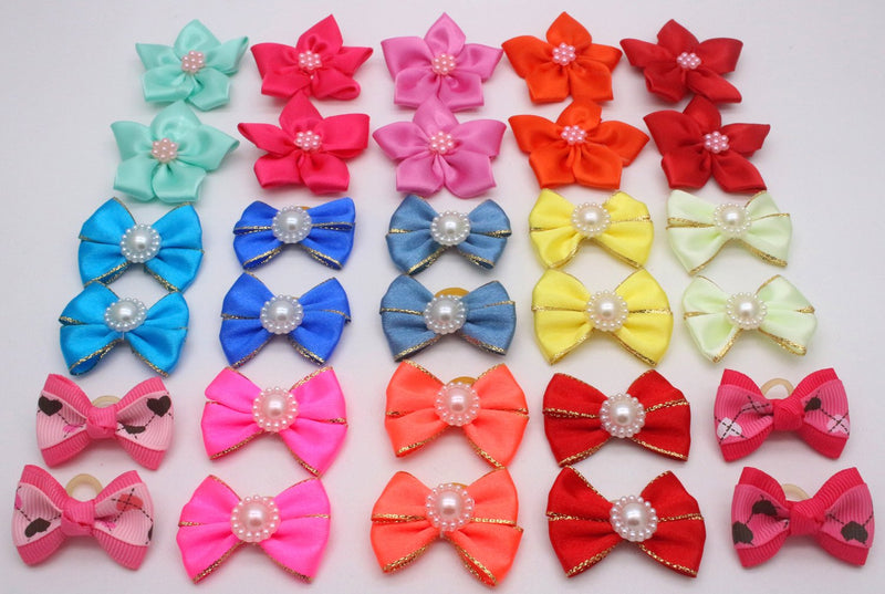 HOLLIHI 30pcs / 15 Pairs Adorable Grosgrain Ribbon Pet Dog Hair Bows with Rubber Bands - Puppy Topknot Cat Kitty Doggy Grooming Hair Accessories Bow knots Headdress Flowers Set for Groomer - PawsPlanet Australia