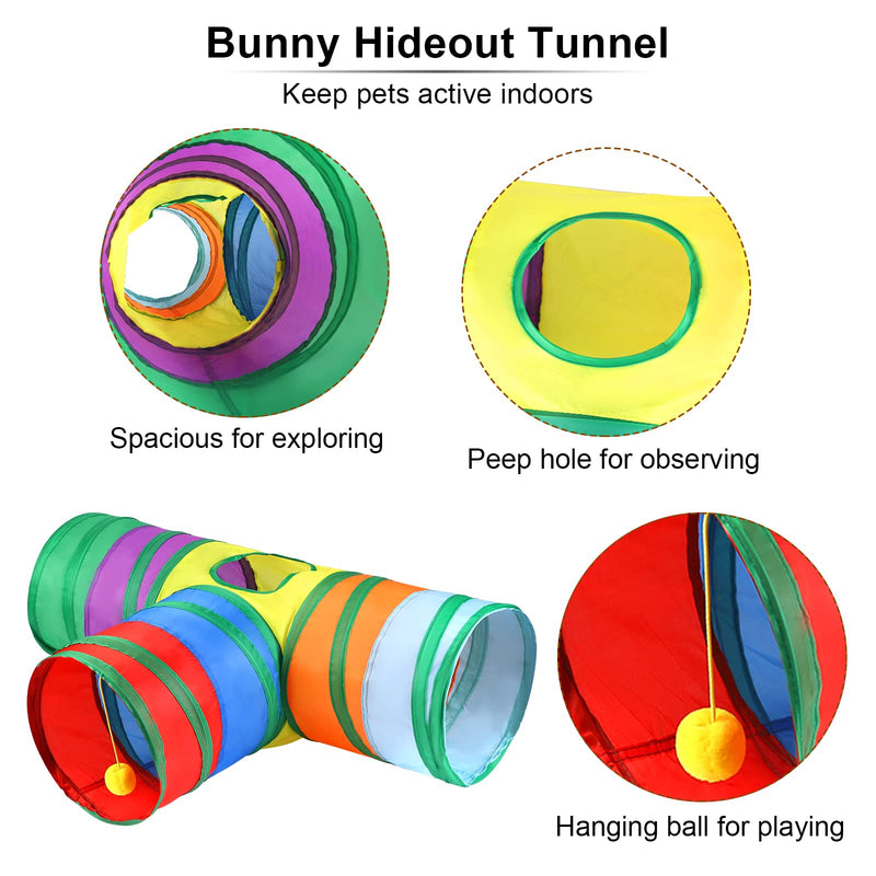 Tiibot 4 Packs Collapsible Rabbit Toys 3 Way Bunny Tunnel Chew Toys Large Bunny Hideout Tunnel Small Animal Activity Tunnel Toys for Rabbits Pig Ferret Guinea Rainbow - PawsPlanet Australia