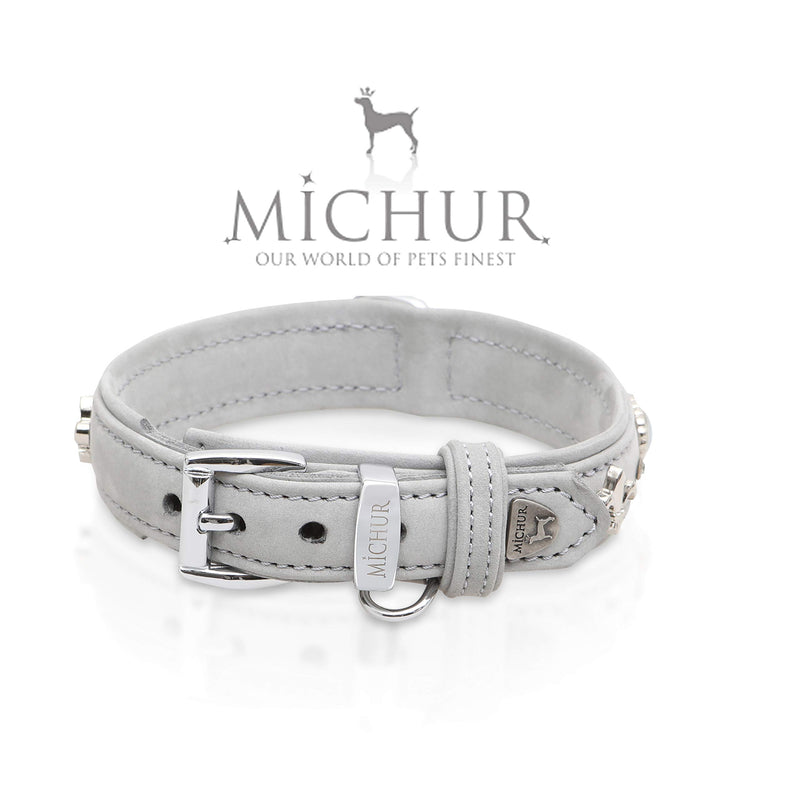 MICHUR Tipico dog collar leather, dog leather collar, collar, gray, LEATHER, with lilies, rhinestones and large Michur stone Neck circumference 12,20-14,17" - PawsPlanet Australia