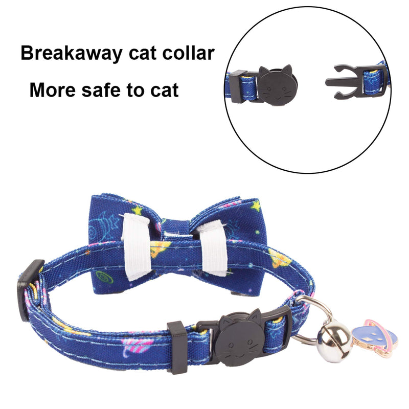 [Australia] - ADOGGYGO Cat Collar Breakaway with Cute Bow Tie Bell - 2 Pack Kitten Collar with Removable Bowtie Universe Dinosaur Rainbow Sea Pattern Cat Bow tie Collar for Cat Kitten Kitty Puppy Universe & Dinosaur 