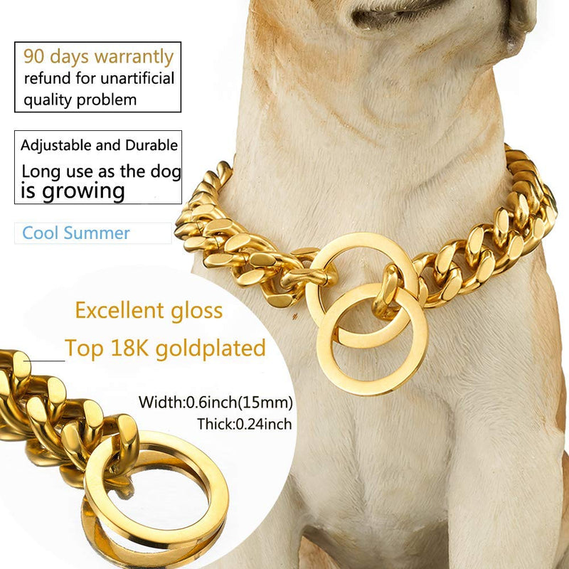 [Australia] - Abaxaca Adjustable 18K Gold Dog Collar Slip Choker Stianless Steel 15mm Big Dog Puppy Necklace Choke Chain Training Collar Cuban Link for Big Small Dog S/M/L (S, Gold Adjustable) 