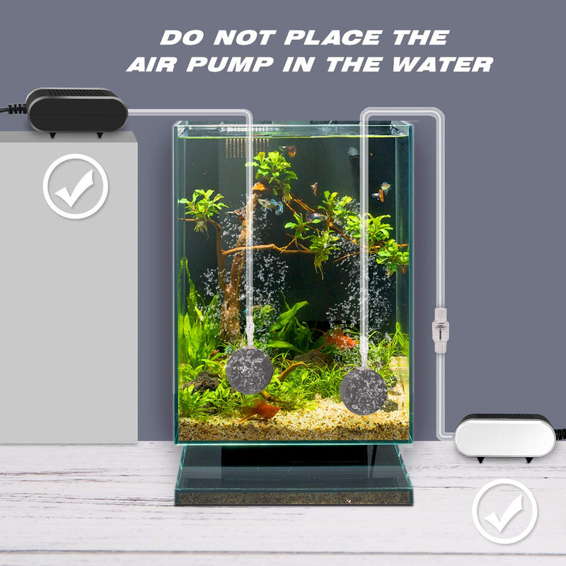 Lefunpets Mini Aquarium Air Pump, Quiet Oxygen Pump 1.7W for 1-20 Gallon Fish Tank, Fish Tank Bubbler with Air Tube, Bubble Stone, Check Valve and Suction Cup - PawsPlanet Australia