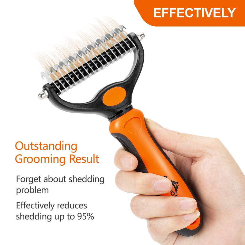 Peteola Pet Grooming Brush - 2 Sided Undercoat Rake for Cats & Dogs Comb - No More Nasty Shedding and Flying Hair - The Safe Dog Hair & Cat Hair Shedding Tool Orange - PawsPlanet Australia