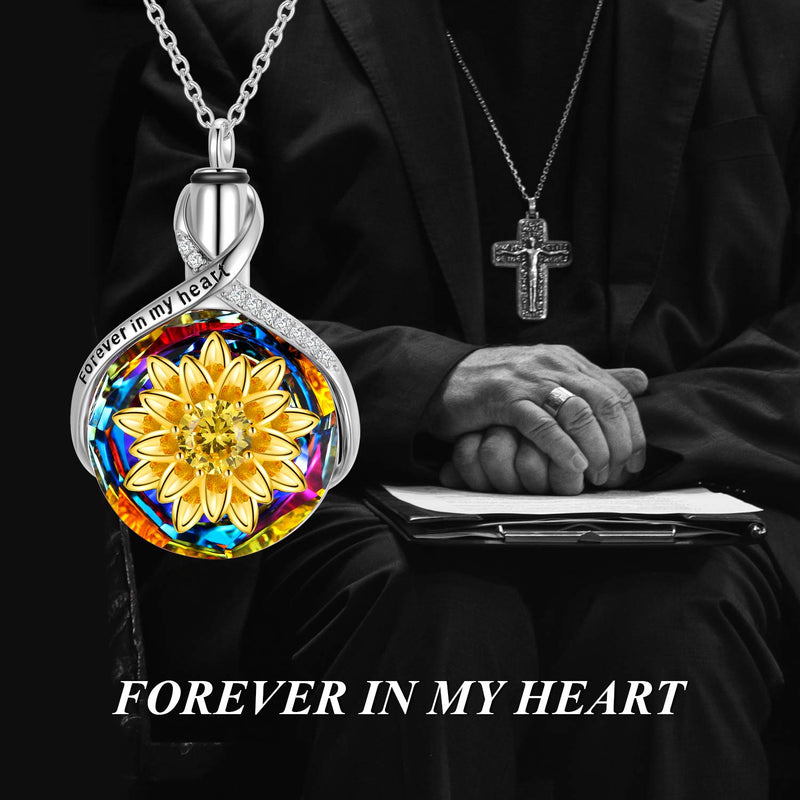 TOUPOP s925 Sterling Silver Urn Necklace Keepsake Ashes Memoorial Locket with Crystal Cremation Jewelry w/Funnel Filler,Engraved'Forever in My heart'on The Pendant A-Sunflower Urn Necklace - PawsPlanet Australia