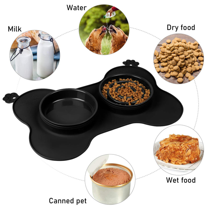 gootrades Foldable 2 Cups Slow Feeder Dog Bowl 3 in 1 ,to Slow Down Eating for Large Small Dogs, with No-Spill Non-Skid Silicone Mat Stainless Steel Water Bowl (Black) Black - PawsPlanet Australia