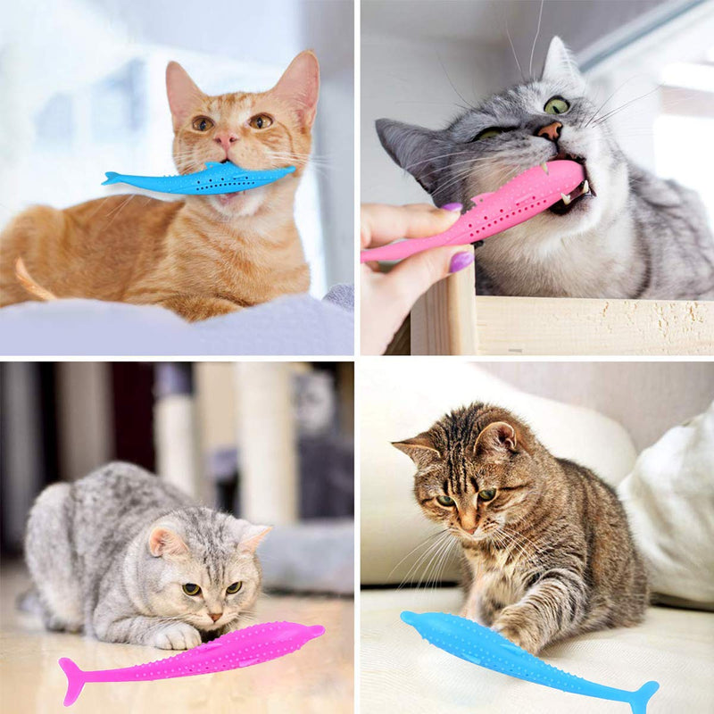 [Australia] - Owtbuy Catnip Toys Interactive Pet Cat Fish Shape Toothbrush, 4 Pack Pet Eco-Friendly Silicone Molar Stick Teeth Cleaning Chew Pet Supplies Cats Kitten Kitty 