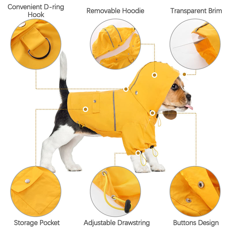 Kuoser Waterproof Dog Rain Coat with Removable Hood, Reflective Puppy Rain Jacket Packable Dog Poncho with D-ring & Pocket, Lightweight Pet Slicker Rainwear for Small Medium Dogs Cats S---Chest Girth: 17.7"/45cm Yellow - PawsPlanet Australia