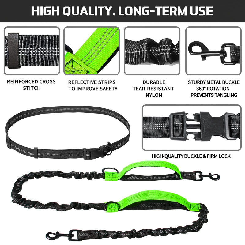 Jogging leash for dogs, Unipampa hands-free dog leash, hand-free dog leash, jogging dog leash, with waist strap, reflective seams, 120-170 cm, double handle, for small dogs, medium-sized dogs... Green - PawsPlanet Australia