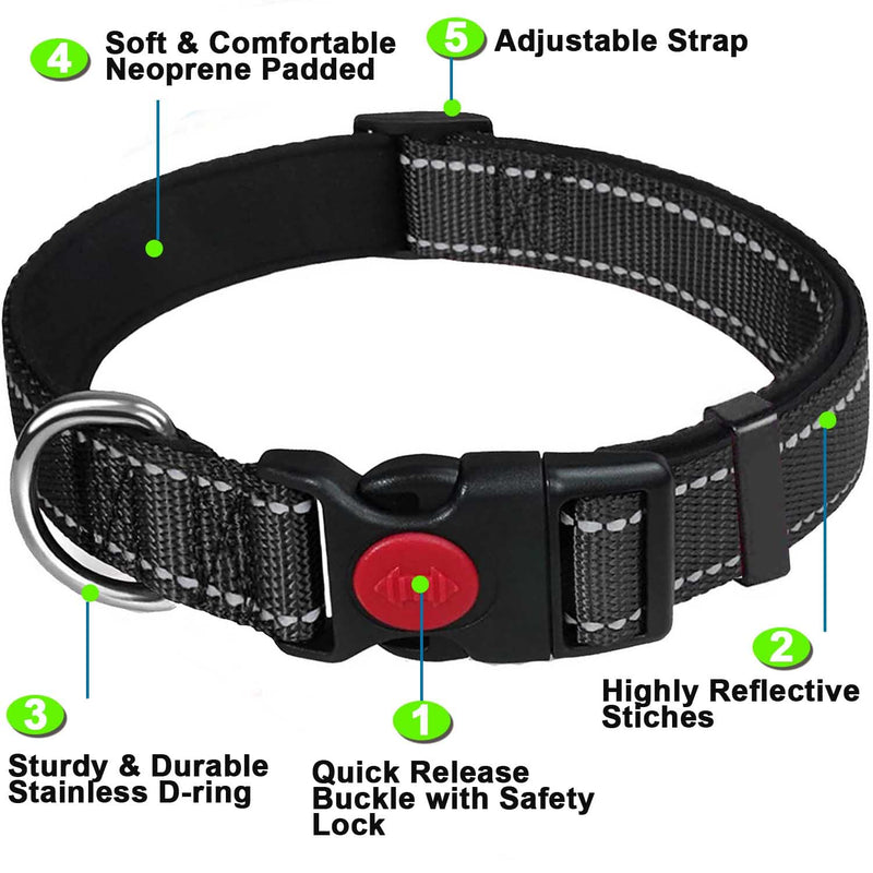 ATETEO Dog Collar Reflective Adjustable Basic Dog Collar with Soft Neoprene Padding Heavy Duty Nylon Pet Collar for Large Puppies Black L (Pack of 1) - PawsPlanet Australia
