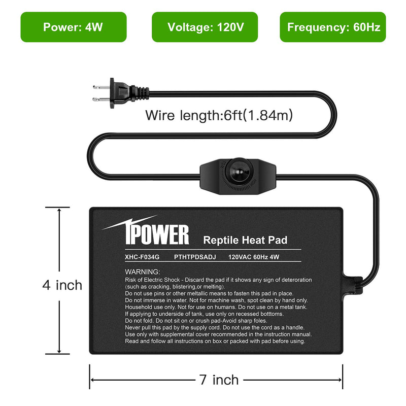 iPower Reptile Heating Mat with Temperature Adjustable Controller Under Tank Warmer Terrarium Heat Pad for Reptiles and Amphibians 4 X 7 Inch - PawsPlanet Australia