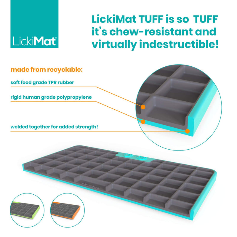 Lickimat Tuff Cat, Heavy-Duty Slow Feeders Lick Mat, Boredom Anxiety Reducer; Perfect for Food, Treats, Yogurt, or Peanut Butter. Fun Alternative to a Slow Feed Cat Bowl or Dish! Turquoise Playdate - PawsPlanet Australia