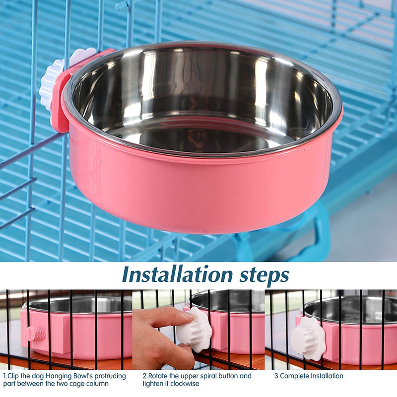 2 Pcs Pet Crate Water Bowl 2 IN 1 Pet Hanging Bowl Removable Stainless Steel Dog Bowls, Large Capacity Cat Feeding Bowls with Bolt Holder for Cats and Dogs and Other Small Animals - Blue, Pink - PawsPlanet Australia