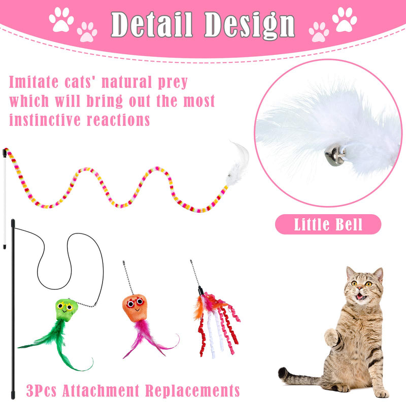 Skylety 6 Pieces Cat Wand Toys Interactive Feather Cat String Catcher Teaser Toys with Bell Attachment Replacements Rainbow Leopard Jungle Toys Colorful and Sounding for Cat Kitten Training Exerciser - PawsPlanet Australia