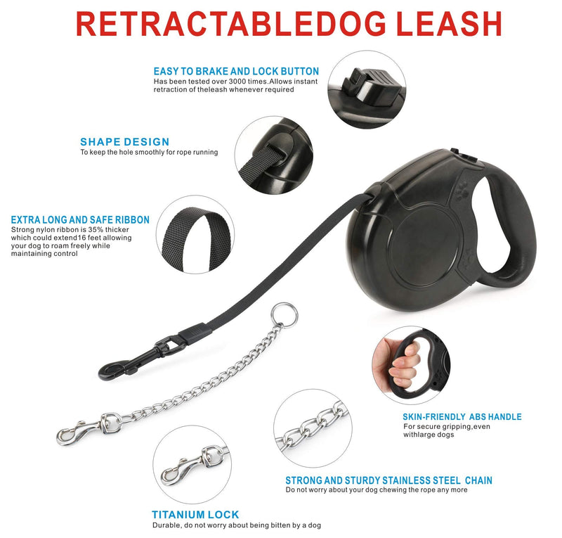 Idepet Heavy Duty Retractable Dog Leash for Small and Medium Dogs, Anti-Chewing Steel Chain 360 Degree Tangle-Free,Break and Lock System,16ft Leash for Dog Walking Black Flat Rope - PawsPlanet Australia