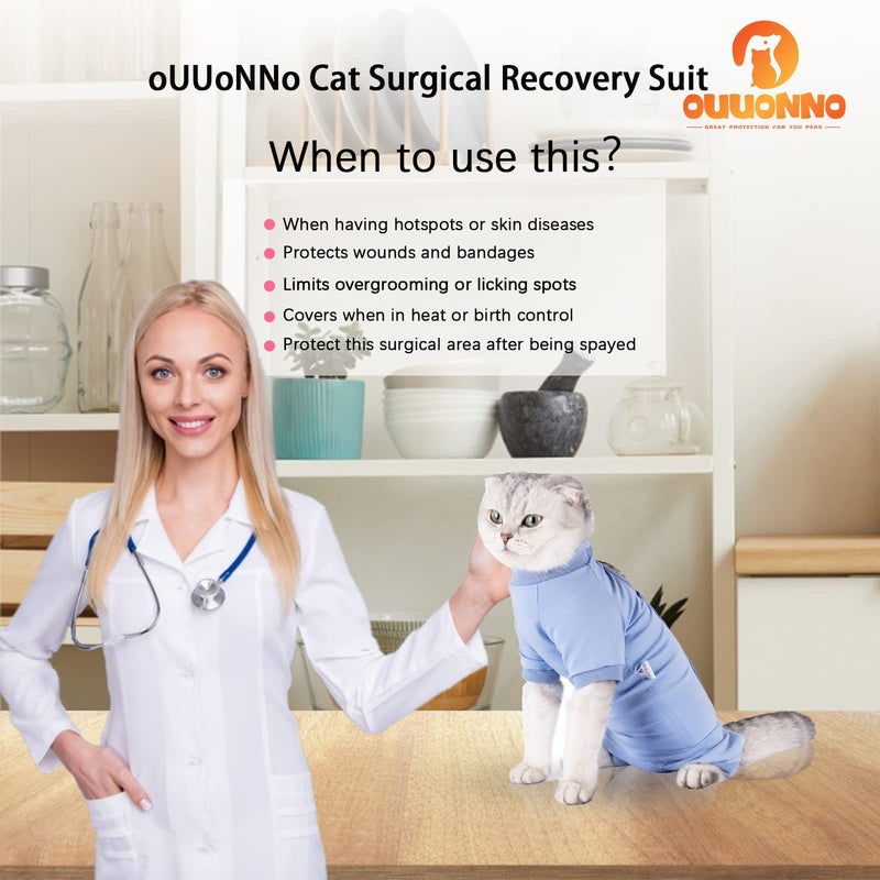 oUUoNNo Cat Recovery Suit for Abdominal Wounds or Skin Diseases,E-Collar Alternative for Cats,After Surgery Wear,Pajama Suit Long Sleeve Prevent Shedding (X-Small, Blue) X-Small - PawsPlanet Australia