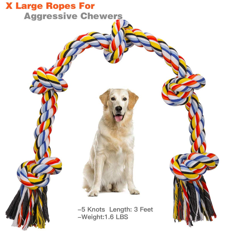 [Australia] - BMAG Dog Rope Toys for Aggressive Chewers, Interactive Heavy Duty Dog Toys for Medium Large Dogs, Tough Twisted Rope Toy with 5 Knots XL-Yellow 