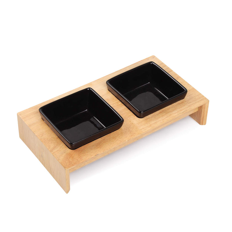 Pet Raised Ceramic Feeding Bowls Dog Cat Food Feeding Bowls with Wood Shelf Elevated Dog Cat Feeding Bowls WOODEN Double Medium - PawsPlanet Australia