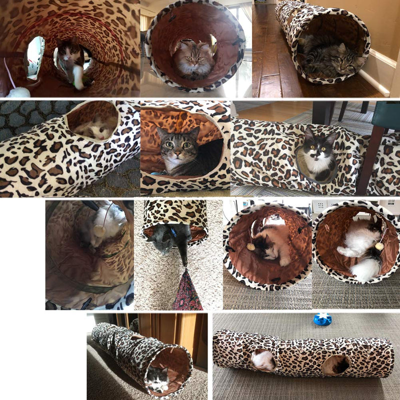 LeerKing Cat Play Tunnel Long Collapsible Pet Kitten Tunnel with Holes Leopard Print for Cats, Teddy Dog, Small Animal, 47×9.8 Inches S (9.8" × 47") - PawsPlanet Australia