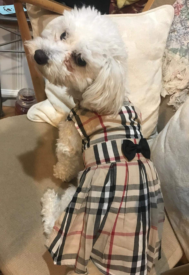 Classic Plaid Dog Dress - Cute Puppy Clothes Outfit with Bow Design for Dogs Cats, Beige S(chest 14", neck 11.5", length 12") - PawsPlanet Australia