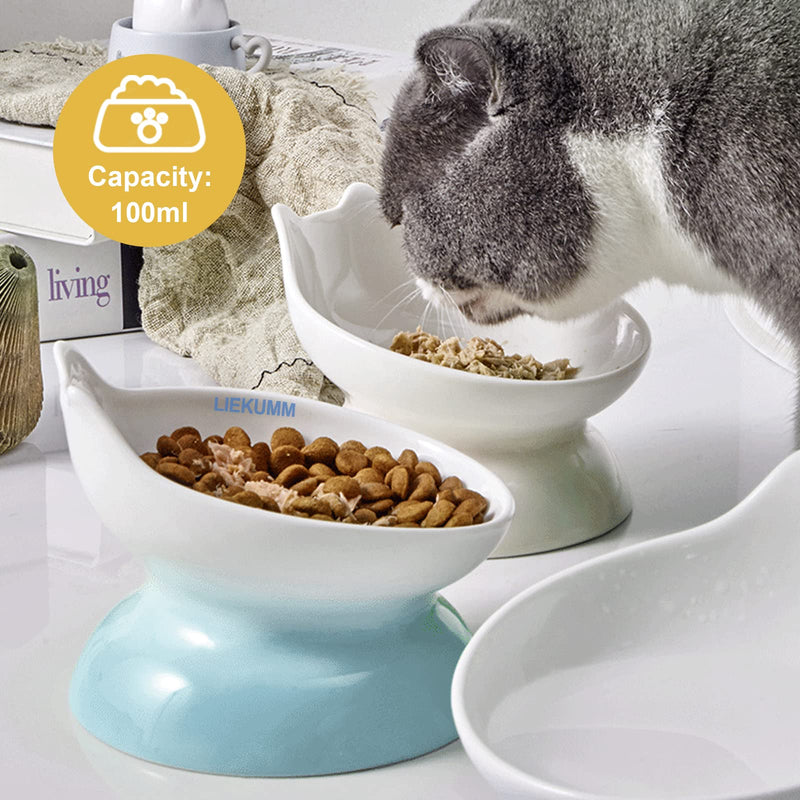 LIEKUMM Ceramic Cat Bowls, 3.5 oz Raised Cat Bowl, Ceramic Pet Bowl, Cat Face Design, Non Slip Cat Food and Water Bowl, Protection Pets Cervical & Vertebra, Suitable for Cats and Small Dogs BLUE - PawsPlanet Australia
