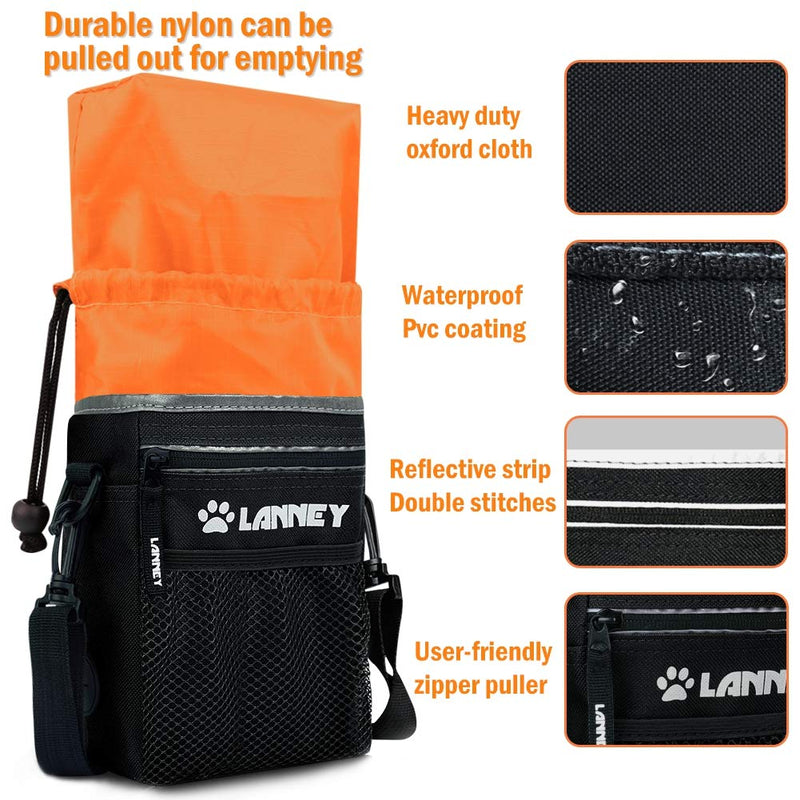 [Australia] - LANNEY Dog Treat Pouch Pet Training Bag for Small to Large Dogs, Treat Tote Carry Kibble Snacks Toys for Training Reward Walking, Metal Clip, Waist Belt, Shoulder Strap, Poop Bag Dispenser Pouch(Black with Orange)+Clicker+Bowl 