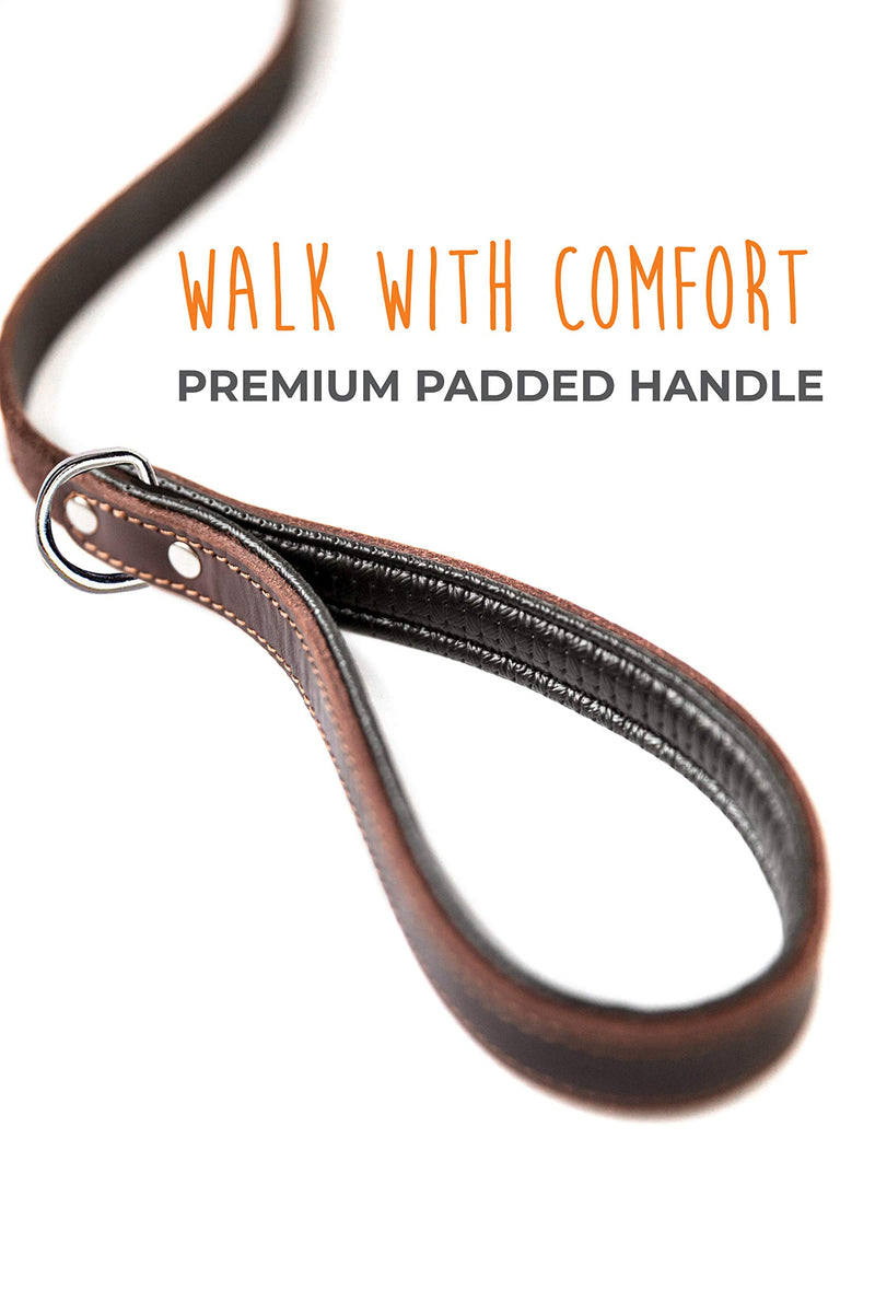 [Australia] - Mighty Paw Leather Dog Leash | 6 Ft Leash. Super Soft Padded Handle Leather Lead with Extra D-Ring for Waste Bags. Strong Climbers Clip, Perfect Medium and Large Dog Leash. (Brown) Brown 