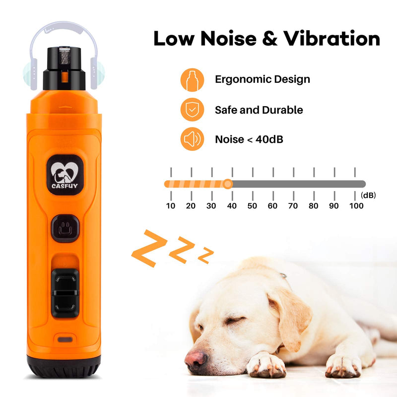 Casfuy Dog Nail Grinder with 2 LED Light - New Version 2-Speed Powerful Electric Pet Nail Trimmer Professional Quiet Painless Paws Grooming & Smoothing for Small Medium Large Dogs and Cats Orange - PawsPlanet Australia