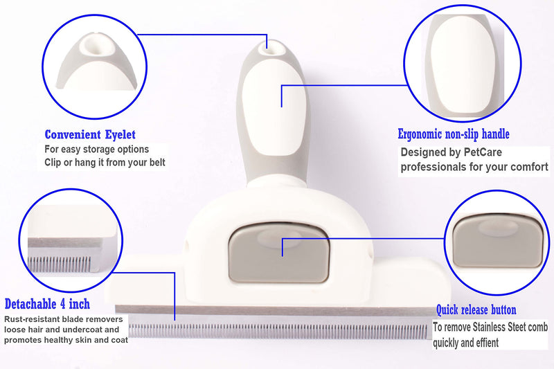 Cat and Dog Grooming Brush, Pet Undercoat Deshedding Tool, Stainless Steel, Reduces Shedding, Quick Release Comb, Safe, Gentle Long or Short Hair Remover, Slip Resistant, Silver - PawsPlanet Australia