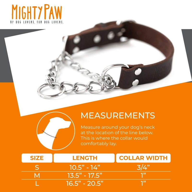Mighty Paw Leather Training Collar, Martingale Collar, Stainless Steel Chain - Premium Quality Limited Chain Cinch Collar. Small Brown - PawsPlanet Australia