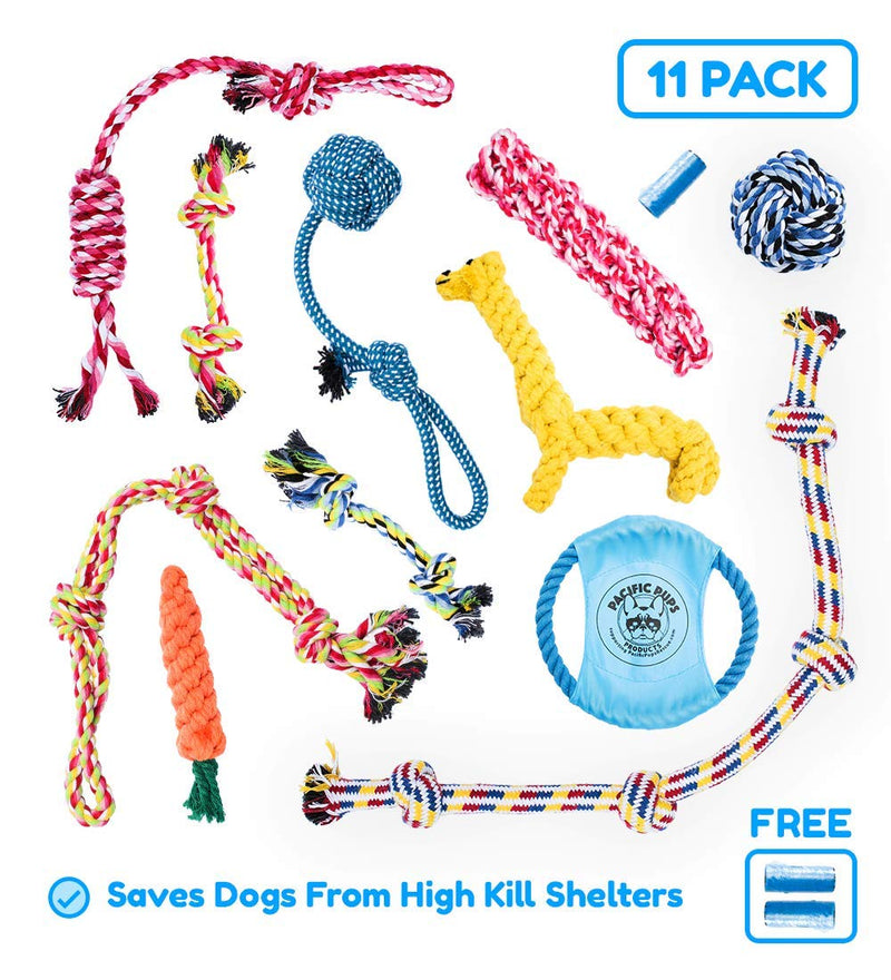 Pacific Pups Products - Dog Rope Toys for Aggressive CHEWERS - Set of 11 Nearly Indestructible Dog Toys - Bonus Giraffe Rope Toy - Benefits NONPROFIT Dog Rescue - PawsPlanet Australia