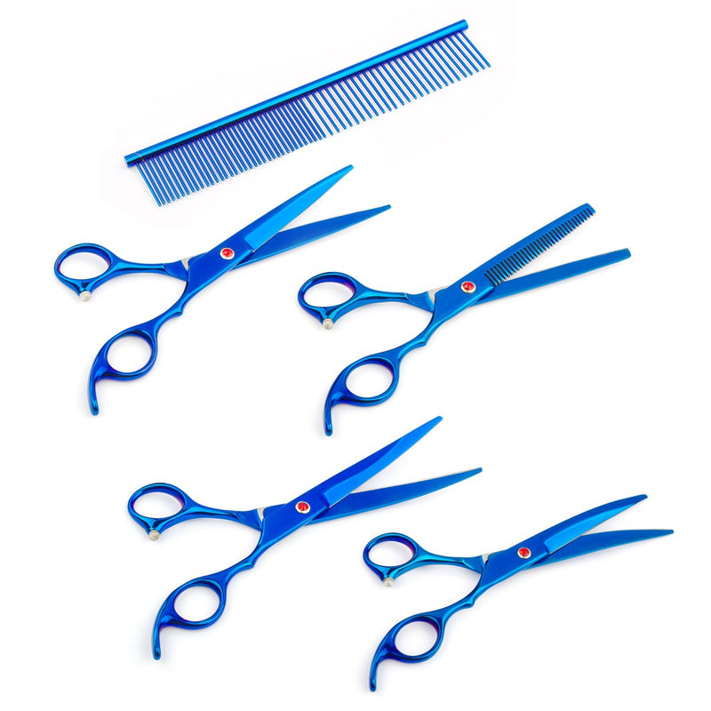 4Pcs/Set Scissors Shears Tool Kit Electroplated Finish with Comb for Pets Grooming or Human Haircut Hair Styling 7.0" Blue - PawsPlanet Australia