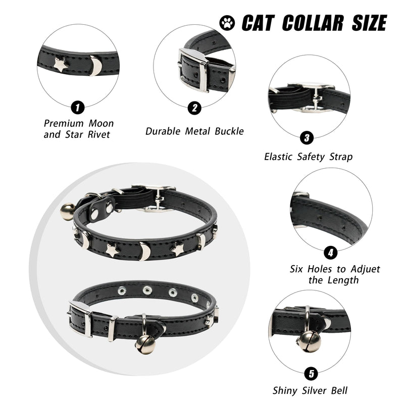 DAIHAQIKO Leather Cat Collar Elastic with Bell Cat Collar with Diamond Star Moon for Most Domestic Cats Puppies Small Dogs Black - PawsPlanet Australia