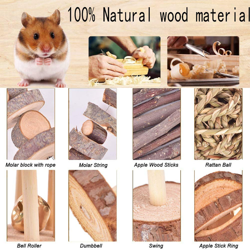 [Australia] - Hopeson 13 Pcs Hamster Chew Toys, Natural Wooden, Toys Accessories Dumbells Exercise, Bell Roller, Seesaw, Roller Swing, Teeth Care Molar, for Guinea Pigs Rabbits Chinchilla Rat Hedgehog Bunny 