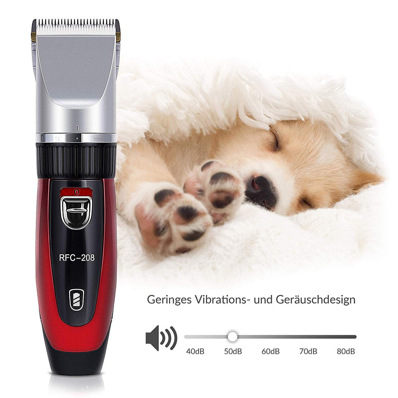 Ceramics RFC-208 Pet Grooming Kit Quiet and Low-Noise Pet Hair Trimmer with Turbo Sense Technology and 4 Attachments for 25 Cutting Lengths, Wireless Rechargeable Pet Hair Trimmer Red - PawsPlanet Australia