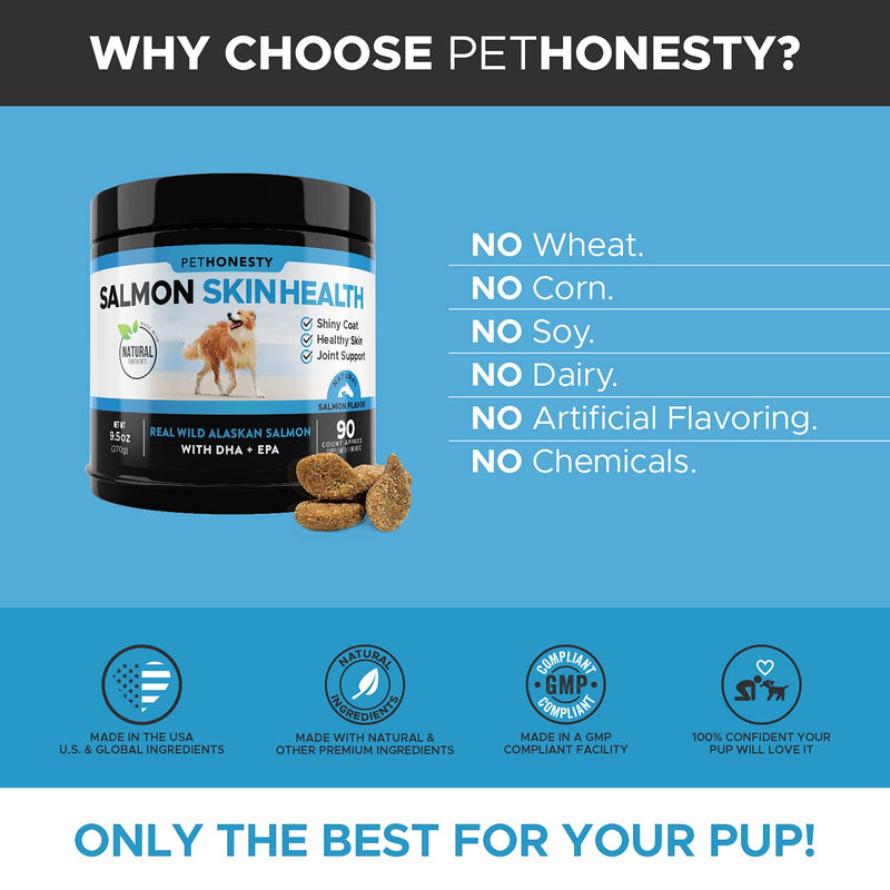 PetHonesty Salmon SkinHealth for Dogs - Omega 3 Fish Oil, All-Natural Wild Alaskan Salmon Chews for Dogs for Healthy Skin & Coat, Helps with Itchy Skin, Dog Allergies, May Reduce Shedding - (90 Ct) - PawsPlanet Australia