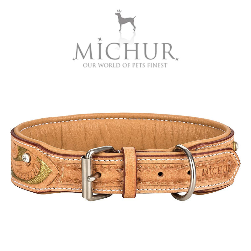 MICHUR GOLDENEYE,dog collar, leather collar, beige leather with golden press cuts and white rinestones - GERMAN BRANDNAME QUALITY!!! neck size: 16.1-19.2" (41-49cm) Total length: 21.6" (55cm) Neck circumference 16.14-19.29" - PawsPlanet Australia