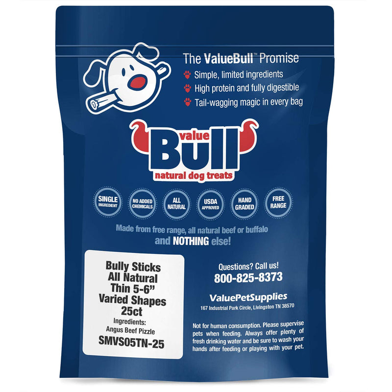 [Australia] - ValueBull Bully Sticks, Thin 5-6 Inch, Varied Shapes, 50 Count - All Natural Dog Treats, Rawhide Alternative, Angus Beef, Free Range, Grain Free, Single Ingredient, Fully Digestible, Cleans Teeth 