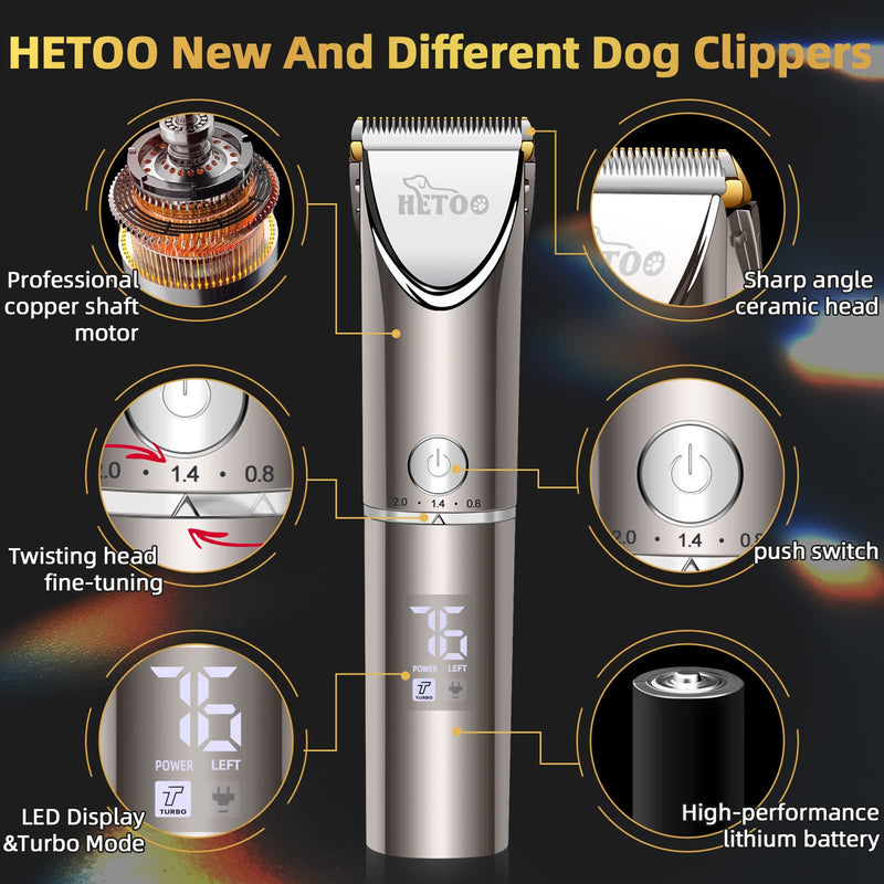 Dog Clipper Professional Pet Hair Trimmer HETOO Dog Hair Clipper, Low Noise, High Performance, Rechargeable, Wireless, Dog Hair Trimmer Kit with LCD Display for Dog Cat Pet Dog Grooming Kit - PawsPlanet Australia