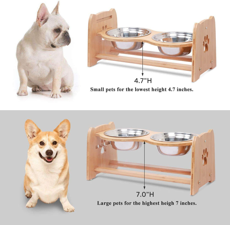 X-ZONE PET Raised Pet Bowls for Cats and Dogs, Adjustable Bamboo Elevated Dog Cat Food and Water Bowls Stand Feeder with 2 Stainless Steel Bowls and Anti Slip Feet Medium - PawsPlanet Australia