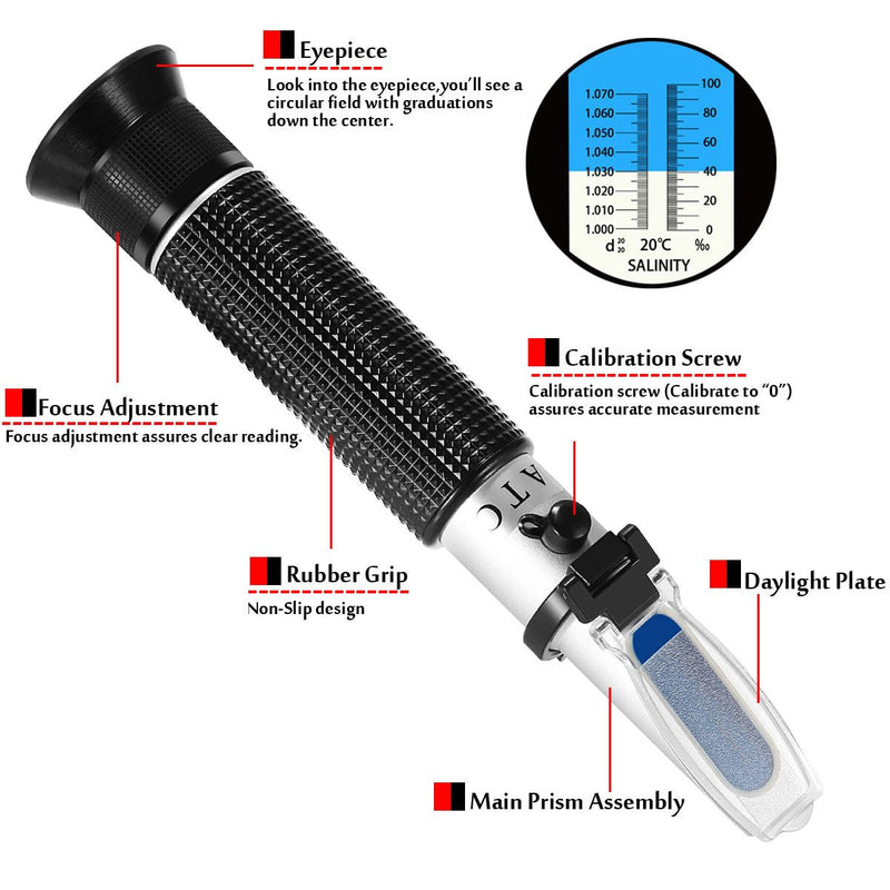 Seawater Salinity Refractometer,V-Resourcing Automatic Temperature Compensation Sea Water Salinity Measurer for Aquarium, Hydrometer, 0-100ppt & 1.000-1.070 Salinity Specific Gravity - PawsPlanet Australia