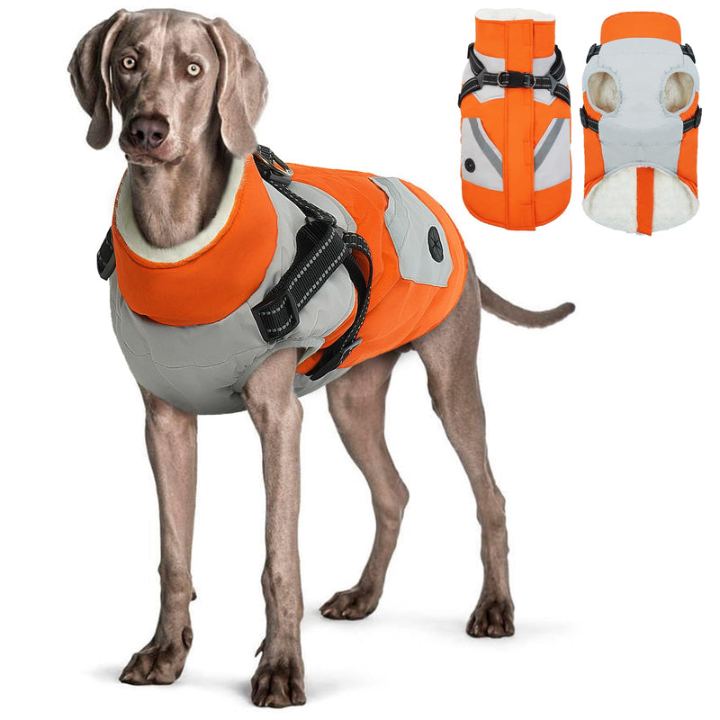 Hjyokuso Waterproof Dog Coat, Dog Jacket with Harness, Dog Jackets for Small Medium Large Dogs, Windproof Pet Clothes Outfit with Reflective Strips and Zipper - Orange 3XL - PawsPlanet Australia