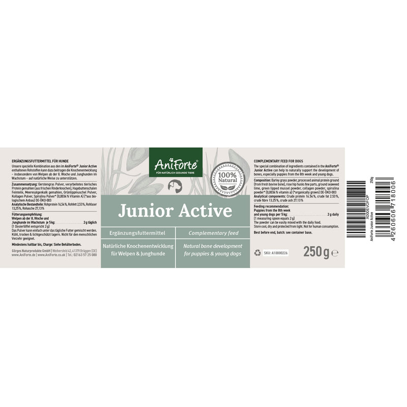 AniForte Junior Active for puppies and young dogs 250g - For bones, tendons, ligaments, tooth development of puppies and young dogs. Puppy supplement with calcium, vitamins and minerals - PawsPlanet Australia